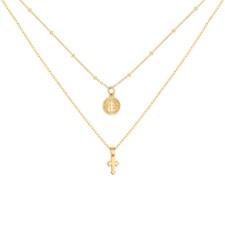 Dainty Tiny 18K Gold St Benedict Medals Layered Cross Necklace for Women Delicat