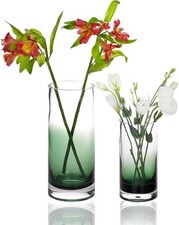 Green Glass Vases Centerpieces Set of 2 Modern Blown Glass Ombre Cylinders Heavy
