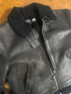 Schott B-3 Men Boa Collar Leather Flight Jacket Black Rare size48 Vintage Used