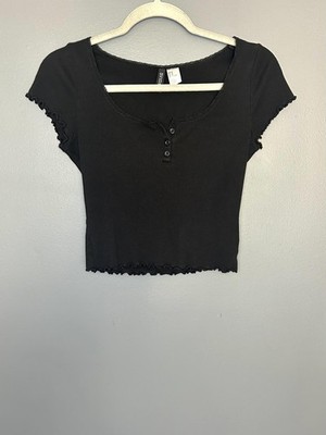 H&M Divided Baby Tee Womens M Black Soft Ribbed Henley Lettuce Hem Crop Top 90s
