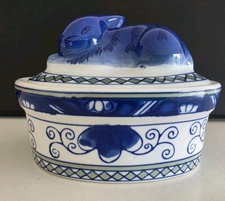 Vintage Keramik Pastete Terrine Deckel HASE blau weiss Deckeldose sehr gut 15cm