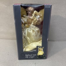 Vintage Lighted Angel Christmas Tree Topper 10" Porcelain Lace Gold Gown