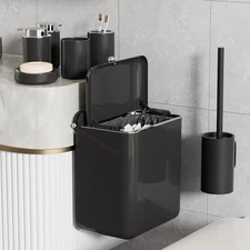 7-Piece Black Bathroom Set with Suction Wall Trash Can - Space Saving Organizer 