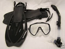 Snorkeling Dive Gear: Wide View Silicone Mask Dry Snorkel Fins Flippers Bag Set