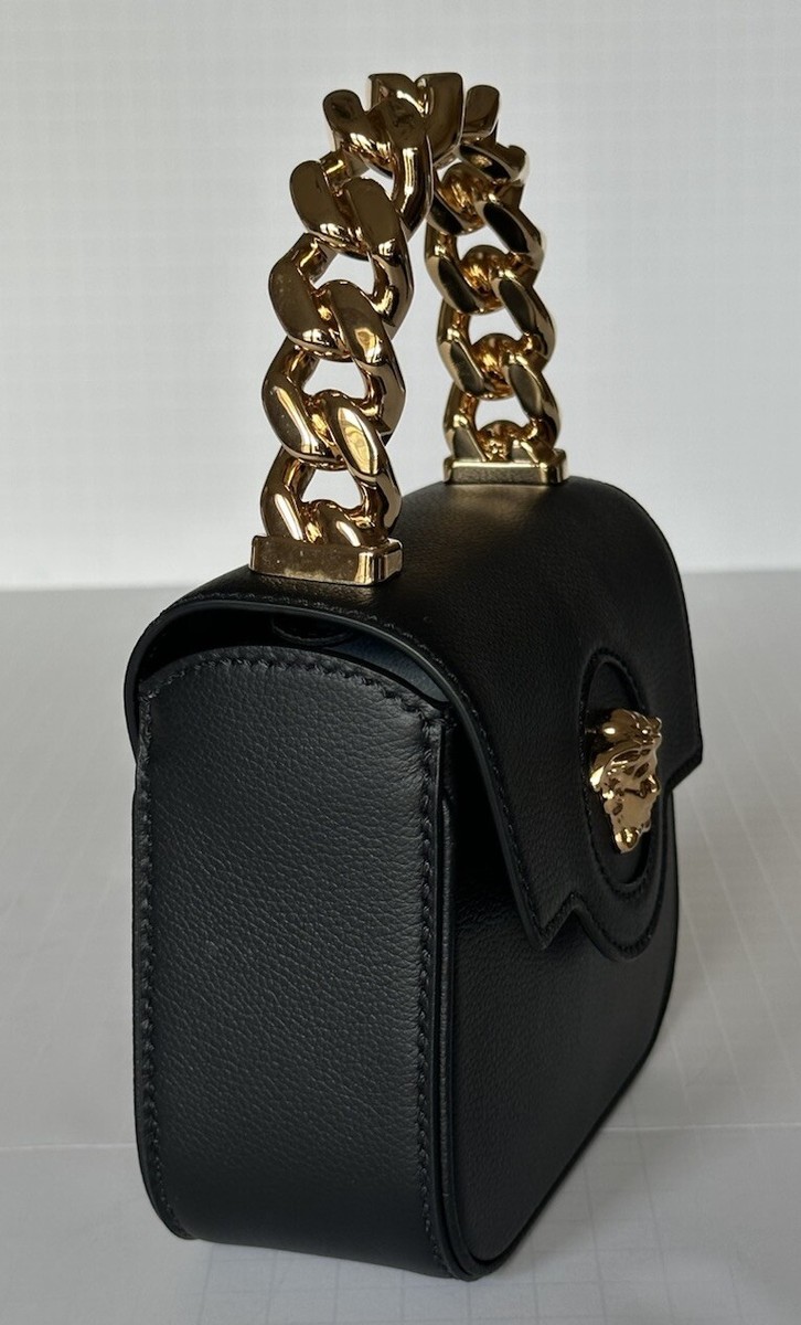 Versace Leather Black and Gold Chain Mini Top Handle Bag