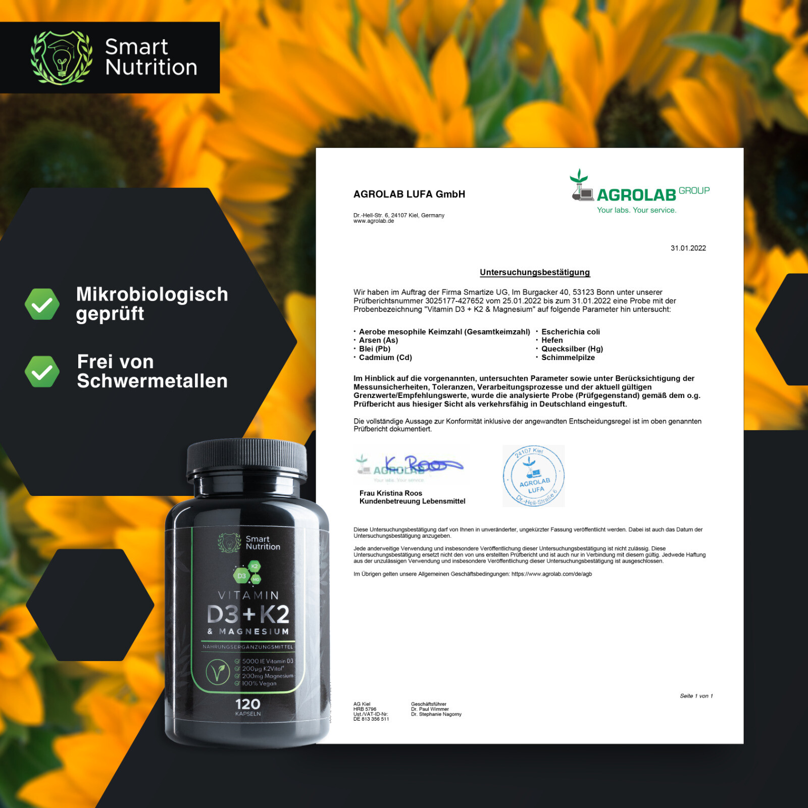 Vitamin D3 K2 Magnesium 5000 IE K2 MK7 Bisglycinat Vegan 120 Kapsel