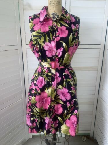 White Stag Stretch Hawaiian Floral Shirt Dress Midi Pink Black Women’s Sz 18 XL