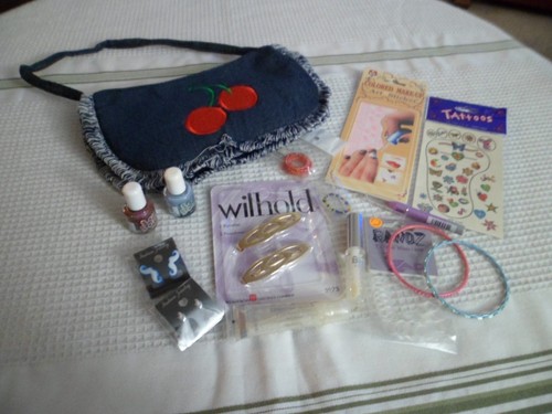 Girl's Blue Jean Cherry Purse w/HairCare BonBons EarRings Fashion Gift 16 Pieces - Picture 2 of 5