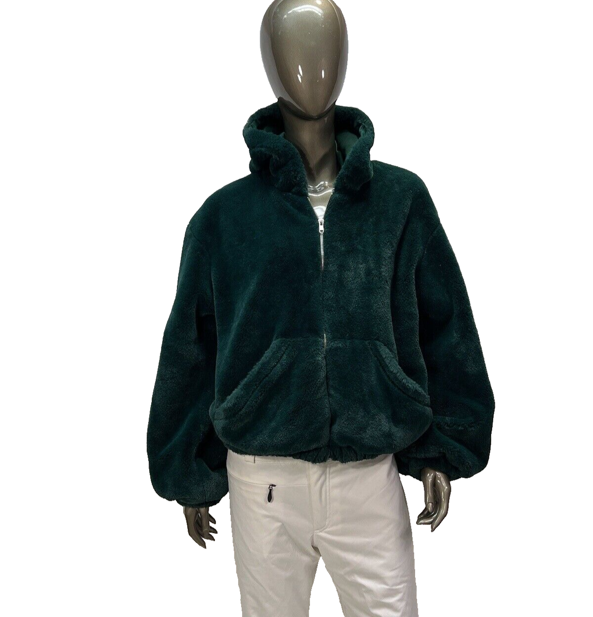 Forever 21 Bomber Jacket Womens Large Green Faux Fur Teddy Full Zip Short  Coat