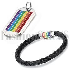Rainbow Leather Bracelet Lesbian/Gay Pride LGBT Pendant Necklace Dog Tag Chain