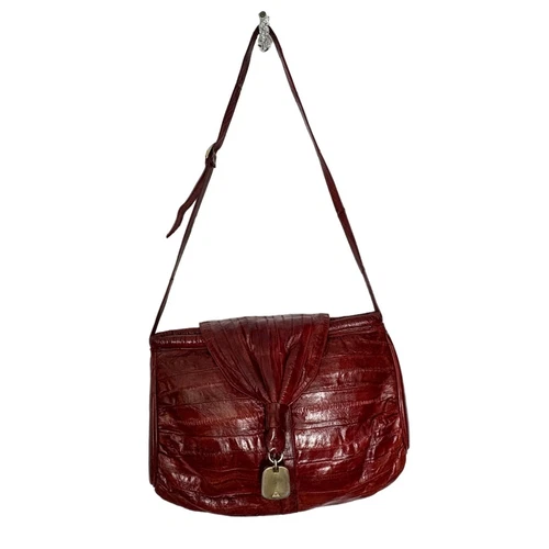 Vintage Eel Skin Leather Suede Red Shoulder Bag Gold Key Accent 80s Crossbody