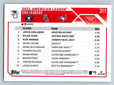 2023 Topps Series One Baseball #311 AL ERA Leaders Verlander/Cease
