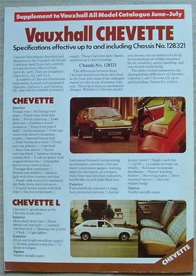 VAUXHALL CHEVETTE L GL Hatchbacks Sales Specification Leaflet June 1976 #V2348