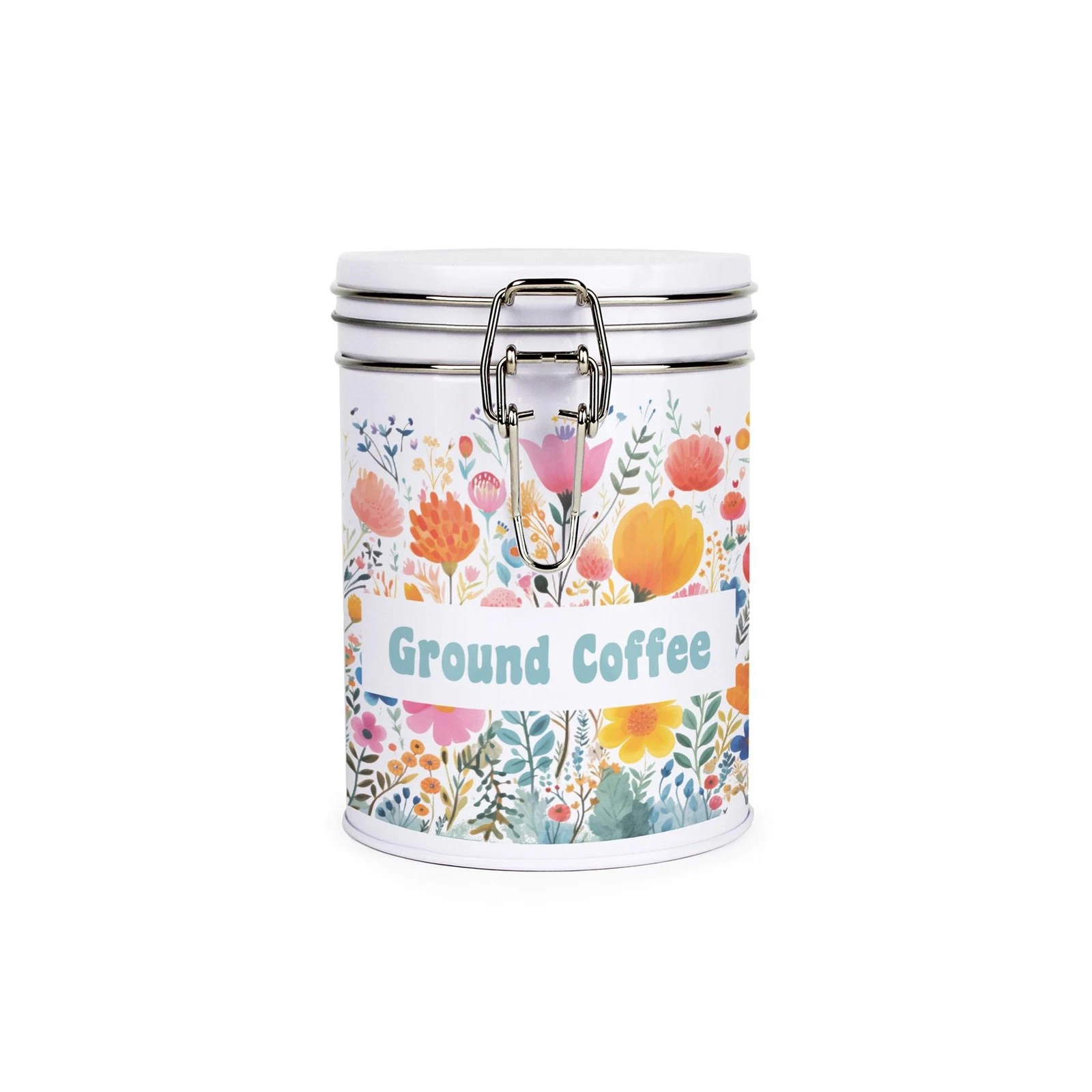 Bright Floral Ground Coffee Canister - Metal Clip Lid Kitchen Storage Tin Gift