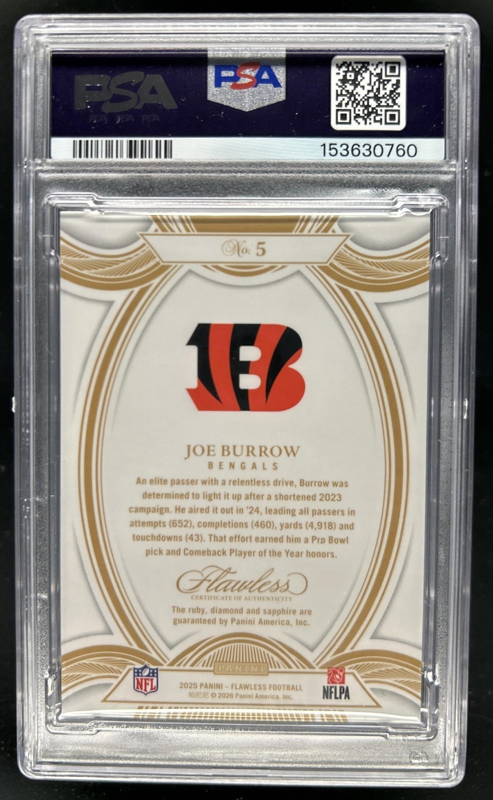 2025 Panini Flawless Joe Burrow Red White and Blue #1/1 Bengals PSA 9 view 2