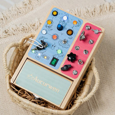 Wooden LED Busy Board Activity Board with Switches & Locks 2-in-1 Toy for Kids