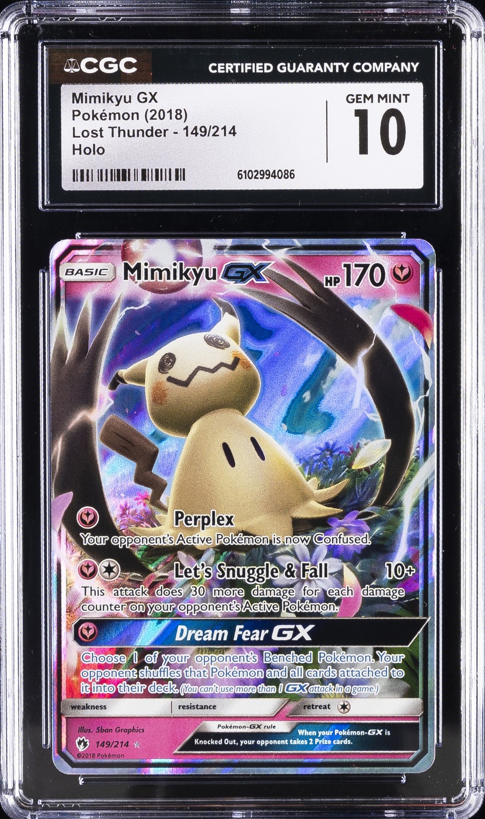 2018 POKÉMON LOST THUNDER HOLO #149/214 MIMIKYU GX CGC 10 GEM MINT