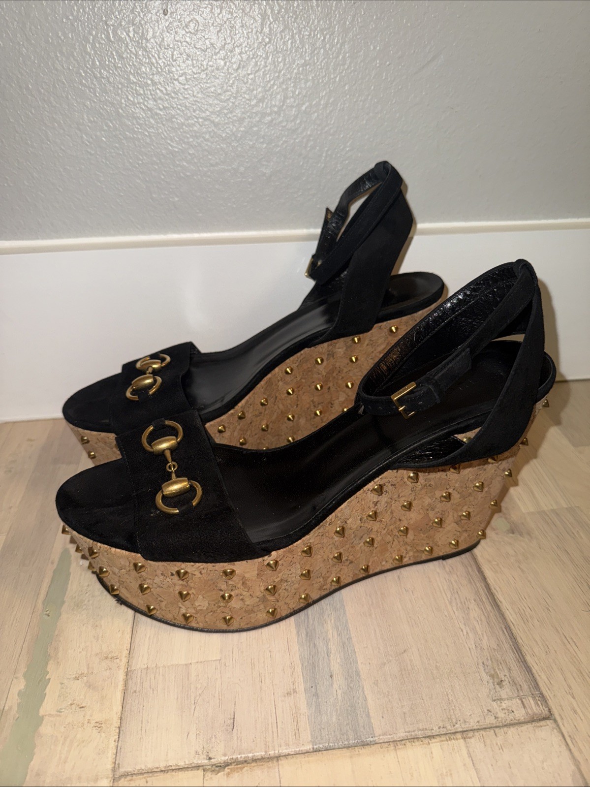 GUCCI Spiked Cork Horsebit Platform Wedge Shoes