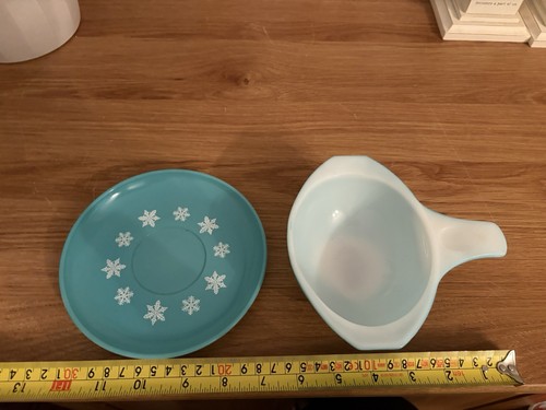 Vintage Pyrex Turquoise Blue SNOWFLAKE Sauce Gravy Boat With Saucer RARE Set VGC - Picture 9 of 9