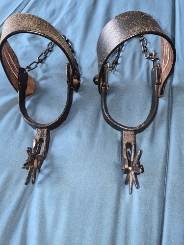 Vintage Rustic Cast Cowboy Spurs Strap Chain Rowels Pair Western Equestrian 7"L