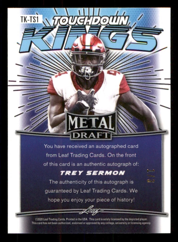 2021 Leaf Metal Draft Flashback Touchdown Orange #TKTS1 Trey Sermon /3 - Image 2 of 2