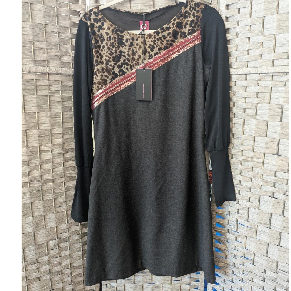 Save the Queen! Leopard Print Mixed Media Mini Shift Dress Black Med Gothic NWT - Image 1 of 4