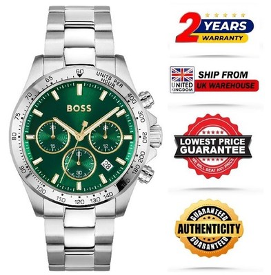NEU ORIGINAL BOSS HB 1514217 HERREN HERO CHRONO GRÜN SILBER UHR - 2 GARANTIE