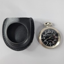 Details Quartz Pocket Watch Silver-Tone Case Black Face Faux Leather Cover