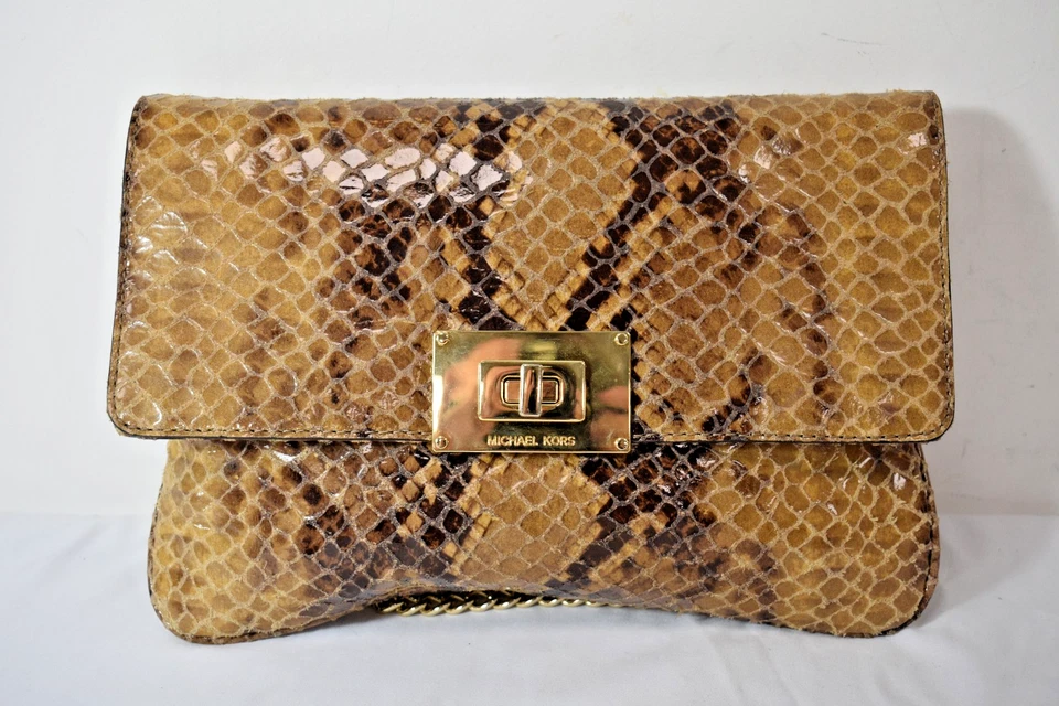 Michael Kors Brown Snake Skin Pattern Leather Clutch Shoulder Bag Size Medium - Image 2 of 4
