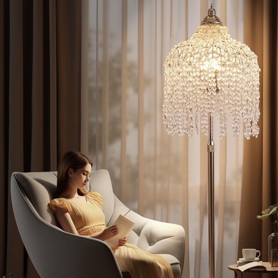 63'' Vintage Crystal Floor Lamp LED 3 Light Gold Waterfall Design for Living Room