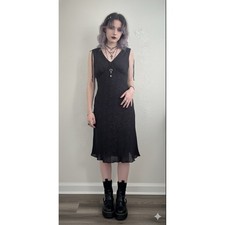 Fashion Bug Babydoll Midi Dress Womens 10 Black Dotted Lined Whimsygoth Y2K