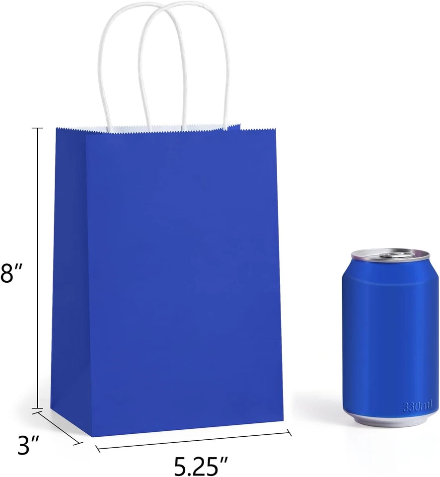 Bolsas de regalo pequeñas de 5,25X3X8 pulgadas 100 piezas con asas bolsas de papel Kraft azul real Bu Foto 2 de 4