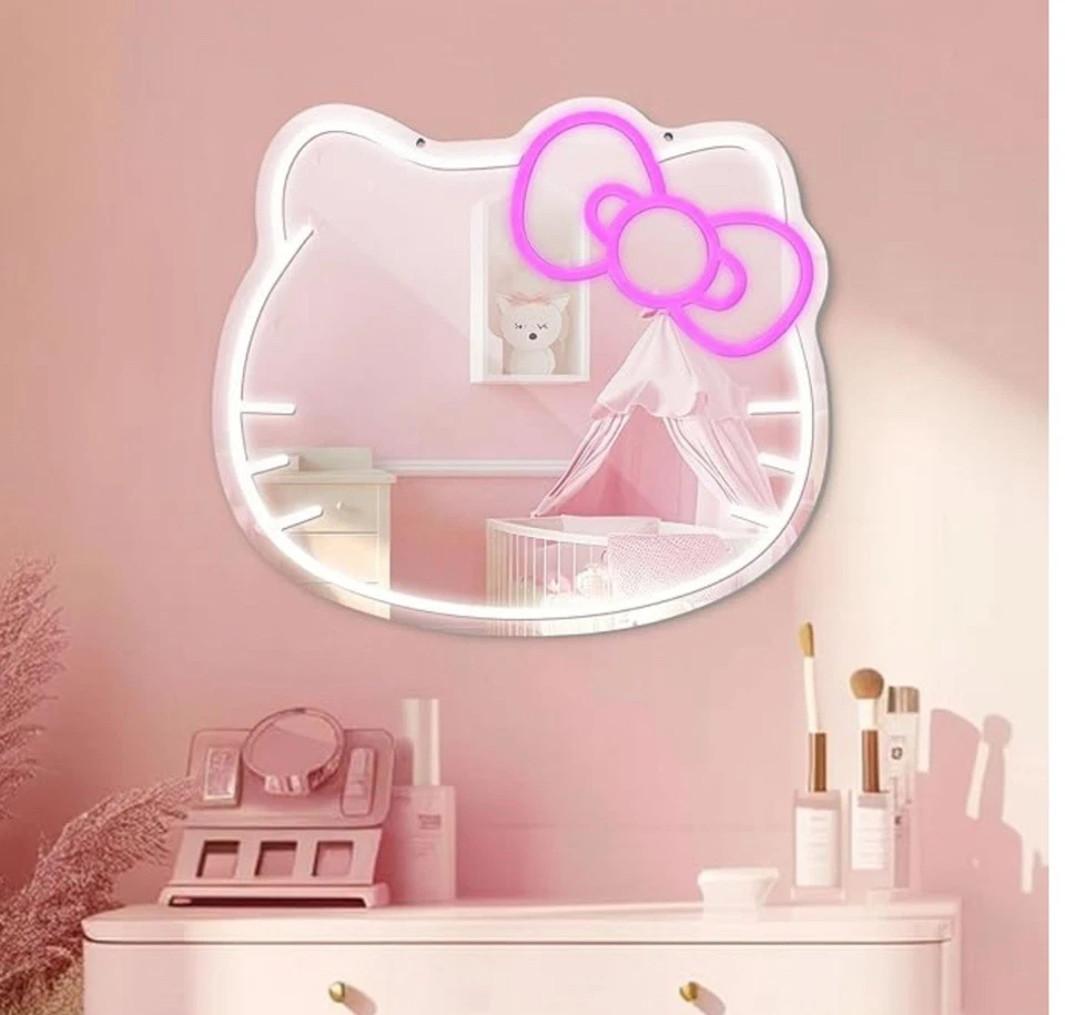 Очаровательное зеркало Hello Kitty с яркими светодиодами, идеально подходит для стола или туалетного столика. - Изображение 2 из 2