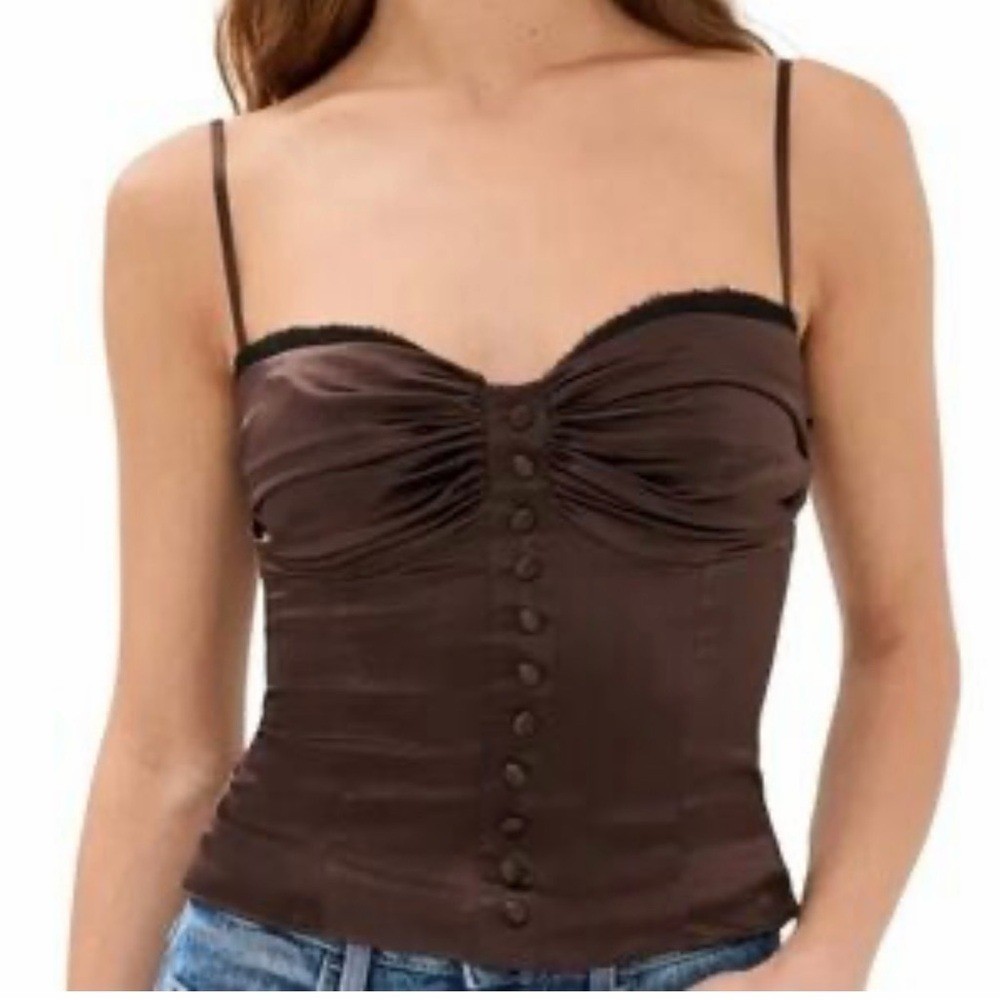 NWT Thirty Thirty LA Chocolate Brown Satin Corset Cami Smocked Back Medium