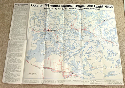 1950s LAKE OF THE WOODS Brochure / Map KENORA ONTARIO - Carter Motors Ltd.