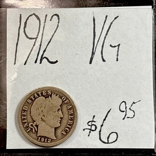 1912 Barber Silver Dime (VG) Very Good Condition. ENN Coins
