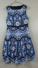 Talbots Blue / White Sleeveless Sheath Dress knee Lined Womens 4P Pockets 4 P