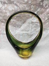 Vintage Murano Glass Basket Vase Yellow/Green Sommerso Hand blown 13.5" XXL RARE