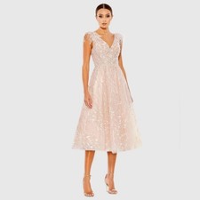 Mac Duggal 20275 Embroidered Sleeveless Feather Detail Midi Dress - Pink 14 NWT