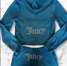 NEW  199 JUICY COUTURE Bling OG Velour Tracksuit Hoodie Pants Sea Dark Teal L