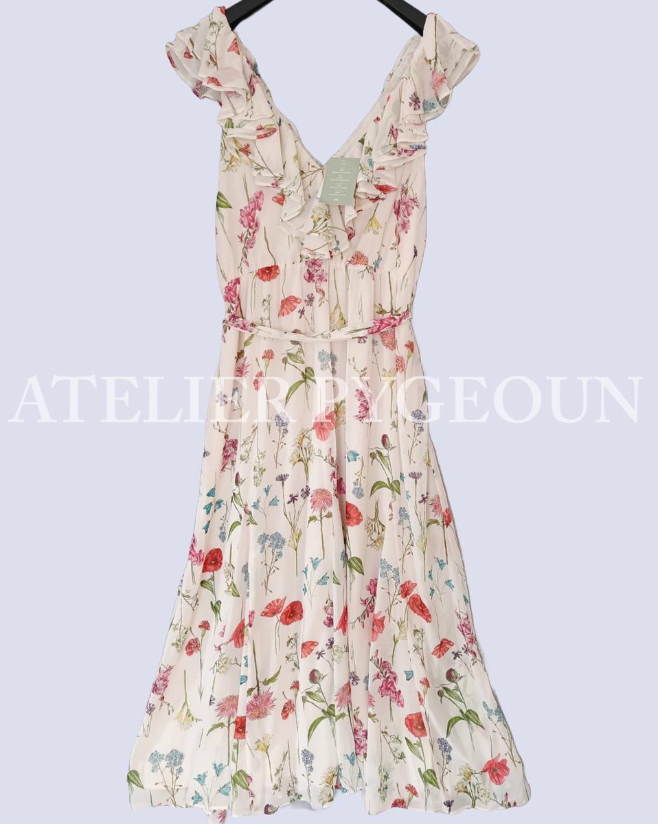 v neck chiffon dress h&m NWT H&M Long Sheer Chiffon Flounce-Trimmed V-Neck Dress Cream Pink/Floral  Size M