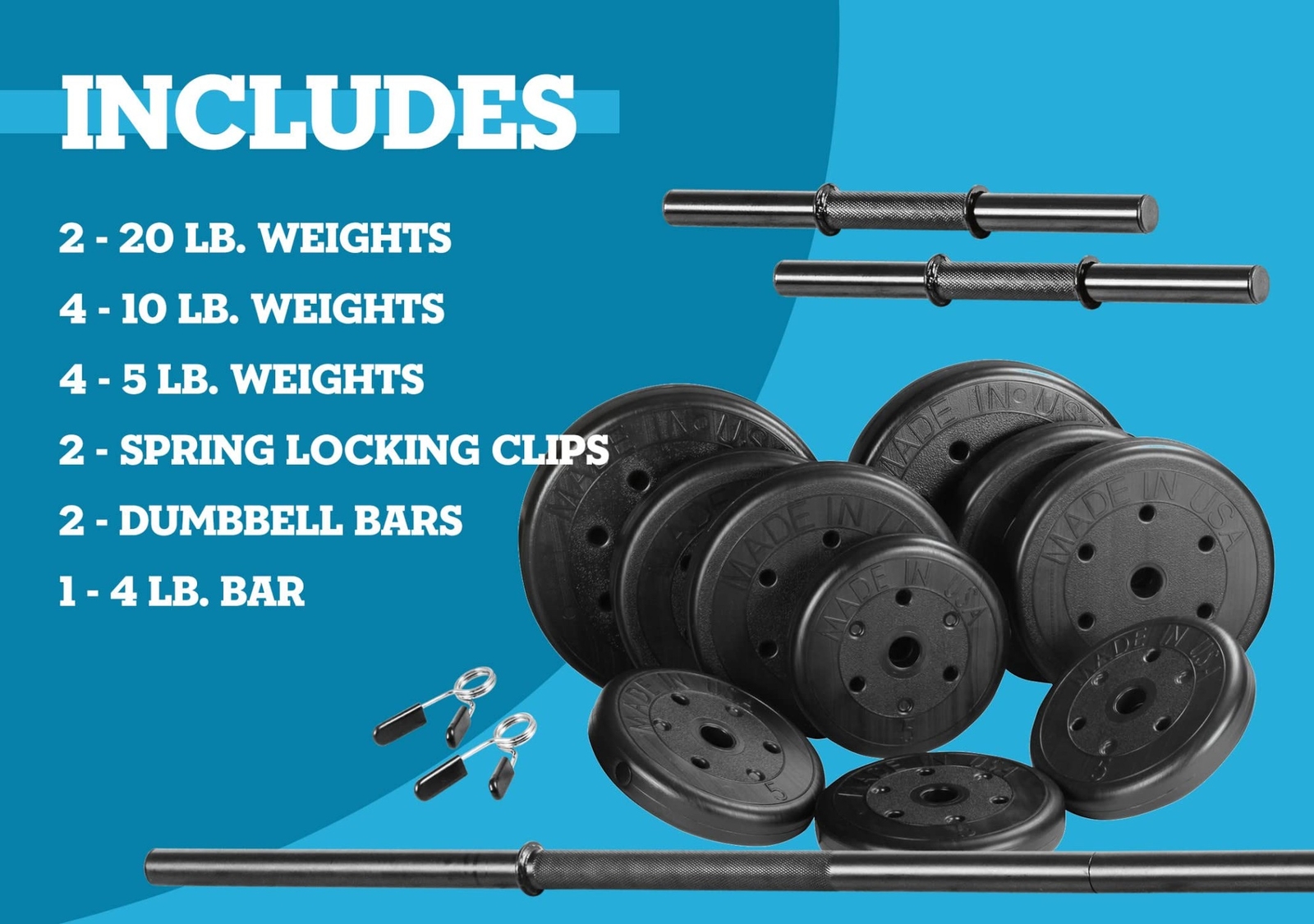 US Weight 105 lb Duracast Barbell Weight Set with two dumbbells and 6ft
