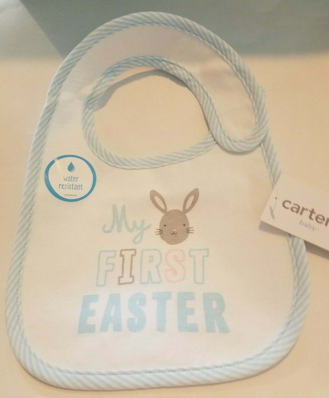 Boys Carters Baby My First Easter Bib White with Blue Trim Water Resistant O/S