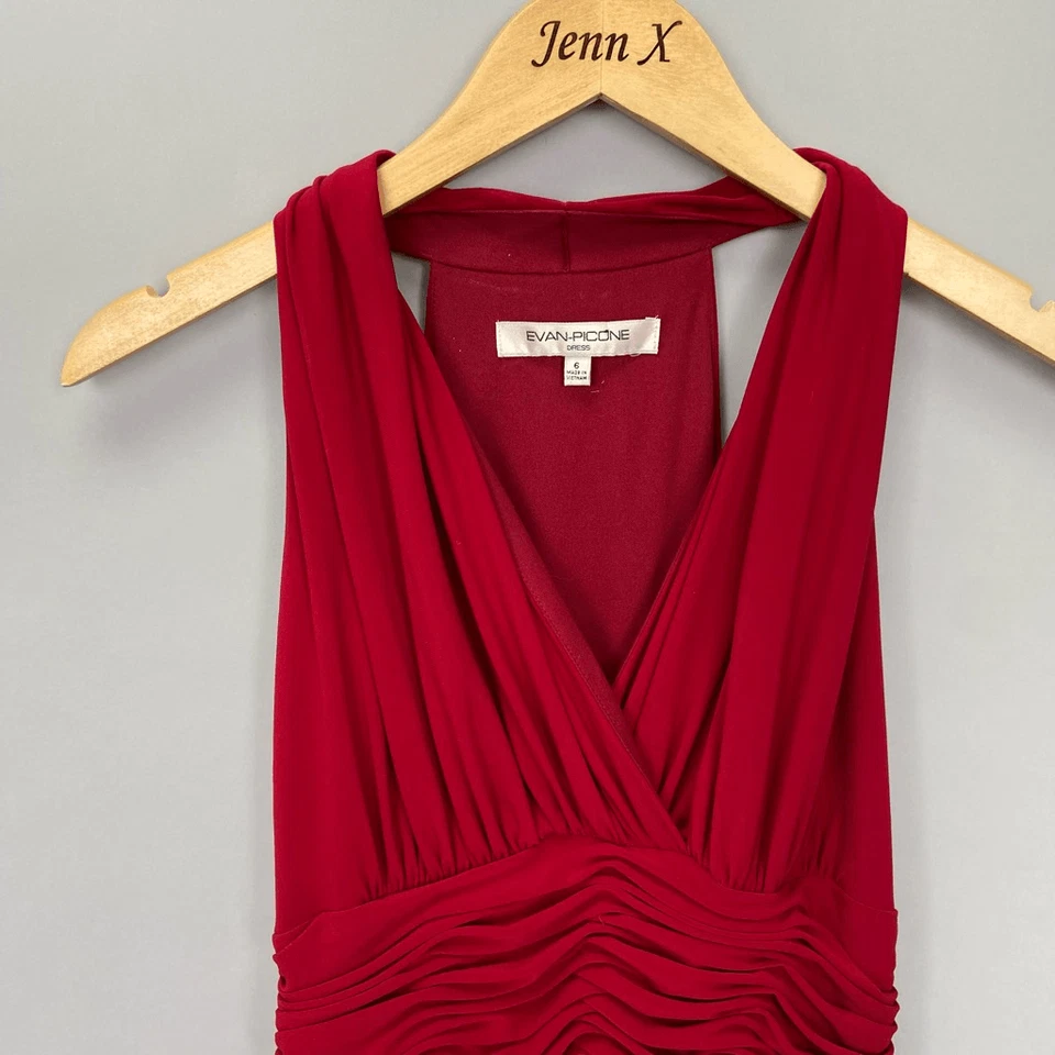 Vestido de Noche Evan Picone Rojo Sin Mangas Midi Talla 6 Fruncido Cóctel Formal Foto 2 de 4