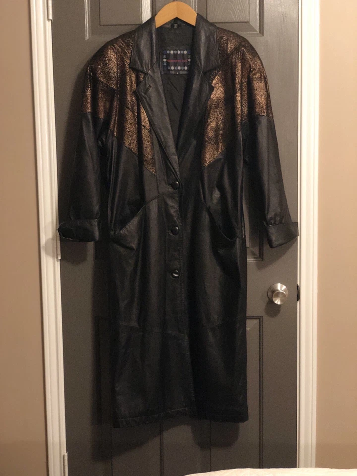 Abrigo de cuero vintage Middlebrook Park para mujer largo completo negro de 3 botones pequeño