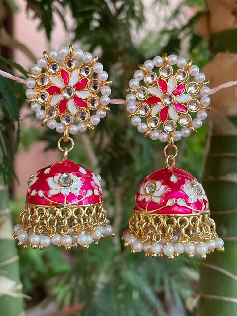 Gold Plated and White Stone Studded Dome Shaped Jhumka Earrings - Art  Jewelry Women Accessories | World Art Community