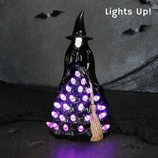 Lighted LED Purple Ceramic Halloween Witch with Broom Figurine Table Home Decor