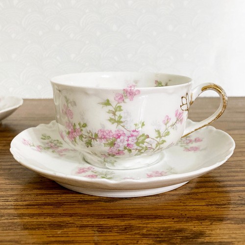 Haviland Limoges Pink Flower Coffee Cup Saucer Tea Bag Rest Set 2 Antique 1800s - Picture 4 of 19