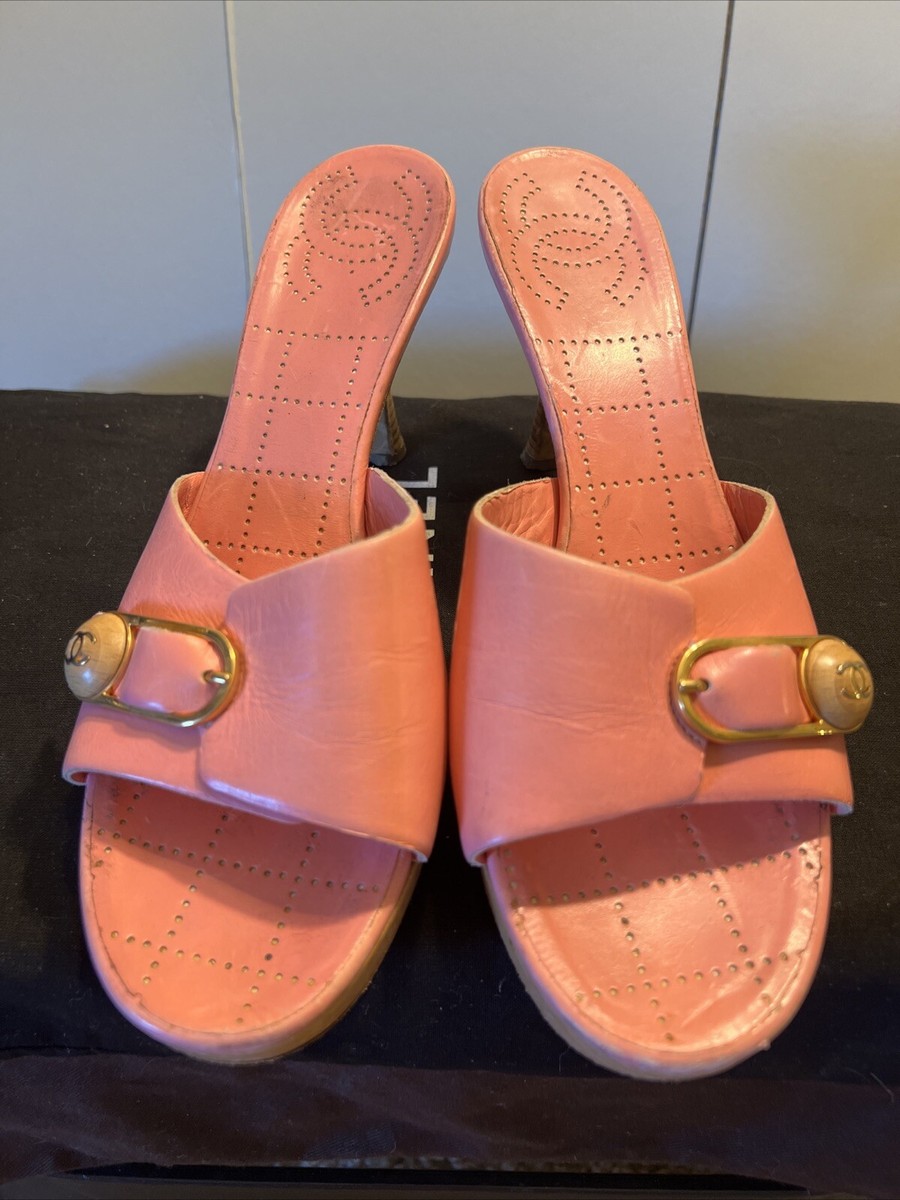 Chanel 40 CC Logo Platform Mule PINK High Heel Wood Platform 