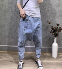 Men Denim Pants Harem Loose Trousers Irregular Drop Crotch Jeans Tapered Fashion